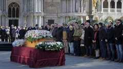 The coffin containing the body of Valeria Solesin is seen during the state funeral in St. Mark's Square in Venice