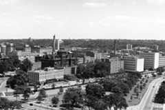 Black and white historical photo of buildings on Case Western Reserve University’s quad