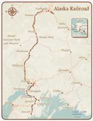 map of the Alaska Railroad route from Seward to Fairbanks