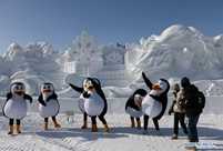 Tourists enjoy ice sculptures in Datan Town, north China
