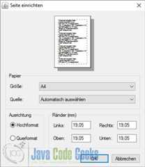 Definition of the Page Setup with the JavaFX Print API
