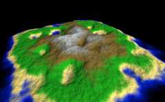 Terrain example Screenshot of the terrain example, showcasing an island with pre-generated normal mapping from a higher resolution height map.