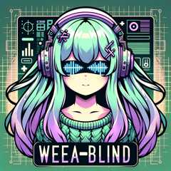 A blind anime girl with an audio waveform for eyes. She's got green and purple hair and a cozy green sweater and purple burrettes. This above the words Weea-Blind. The image was generated by Dall-E AI