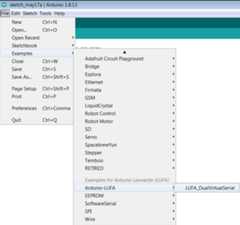 File -> Examples -> Examples for this board -> Arduino-LUFA -> LUFA_DualVirtualSerial