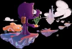 Illustration of Mona looking through binoculars at the a building a supernatural landscape