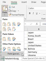 Excel Paste Special menu
