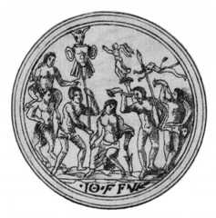 Fig. 3. — Medallón de Baco; dibujo: «Medallon de Bronçe allose en Huesca el Março de 1631 tienele entre sus Antiguallas D. Vinçençio de Lastanossa» (colección de F. Asín); «Medallon griego allado en Huesca el marzo de 1632. Esta en las antigüedades de Vincentio Lastanosa».