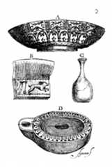 Fig. 4. — Objetos hallados en Huesca propiedad de Lastanosa, grabado calcográfico de Lorenzo Agüesca.