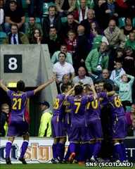 NK Maribor celebrate Dejan Mezga's goal in front of the Hibs fans 