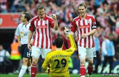 Stoke City players celebrate their FA Cup semi-final victory over Bolton