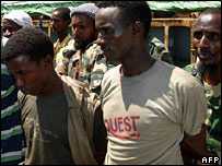 Arrested pirates onboard a cargo ship in Mogadishu (file picture)