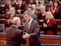 Kosovo Prime Minister Hashim Thaci (centre) shakes hands in parliament (17/02/08)