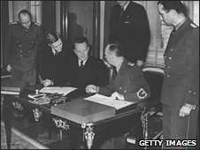 Joachim von Ribbentrop signing the ratification of the Nazi-Soviet pact in Berlin, 28 September 1939