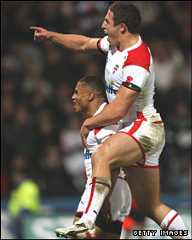 Sam Burgess and Kyle Eastmond celebrate England's opening try