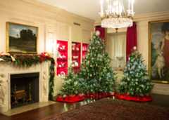 This year, the China Room displays thirty intricate holiday ornaments, representing former Administrations. These decorations honor the gifts that each President bestowed upon our great Nation.