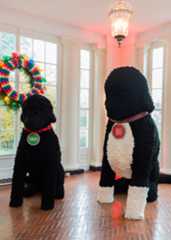 Large representations of the First Family's dogs, Bo and Sunny, stand on the East Landing.