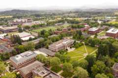 aerial of Corvallis campus that features brick buildings and a central lawn quad