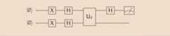 Two horizontal parallel lines are shown; on the left each one is labelled ket(0); from the left to the right, each has a box on top labelled 'X' and then a box labelled 'H'; continuing to the left there is a single box covering both lines labelled 'U_f'; thereafter the lower line has no labels and the upper line has a box labelled 'H' and ends with a box labelled with an arc crossed by a diagonal line.