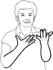 both hands are open and in front of the upper chest, not touching, palms facing towards the signer and a symbol indicating the hand are moving