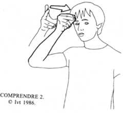 COMPRENDRE (UNDERSTAND): thumb and first two fingers apart then touch tips as they touch the forehead