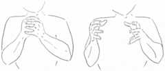 two drawings of a human with the first showing their left hand clasping the clenched fist of the right in front of the upper chest region and the second with the two hands spread and separated horizontally but still in front of the chest.