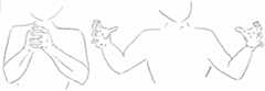 two drawings of a human with the first showing their left hand clasping the clenched fist of the right in front of the upper chest region and the second with the two hands spread and separated horizontally and far outside the chest region.