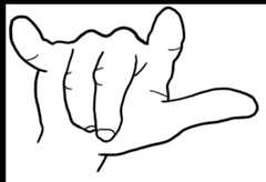 hand with thumb, index, and little fingers extended and other two not.