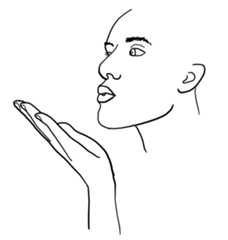 face with mouth in a kiss and a hand gesturing forward but the whole oriented to the side