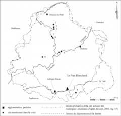 Figure 2 : Limites probables de la cité antique des Aulerques Cénomans et localisation des quelques sites sarthois mentionnés dans le texte. 1, 2 et 3 : La Fosse, La Gaudine et La Pièce de Bildoux à Vivoin; 4 : Le Grand Aunay à Yvré-l’Évêque; 5 : Beauregard à Dissé-sous-Courcillon; 6 : Le Tertre à Souligné-Flacé; 7 : Les Petites Landes à Teillé; 8 : Les Rues Vertes à Saint-Jean-D’Assé; 9 : Le Ruisseau à Yvré-L’Évêque.Figure2: Probable limits of the Antique Aulerci Cenomani territory and location of some mentionned sites.