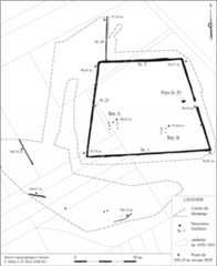 Figure 4 : Le Vau Blanchard : plan détaillé des vestiges sur le fond cadastral ancien (1850-1851).Figure4: Detailed plan of the remains reported on the ancient cadastral map (1850-1851).