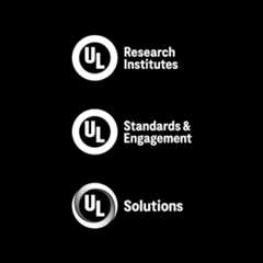 UL Solutions logo, UL Standards & Engagement, and UL Research Industry one color logos