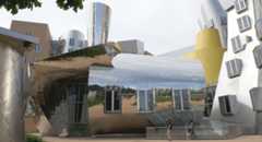 People walk in front of the Stata Center. The middle section is mirrored and has three windows. The off-center architecture of the rest of the building is visible in the background.