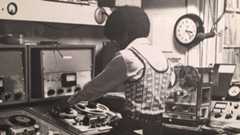 Keven Guillory, editing a spot at KRE AM & FM in Berkeley, circa 1973.