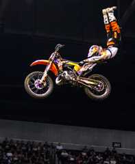 Levi Sherwood competes in the Moto X (motocross) freestyle final at the 2012 Los Angeles X Games