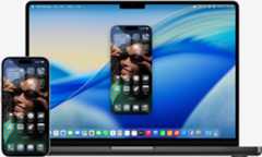 iPhone and MacBook side by side showcasing mirror effect displayed on MacBook. Calendar and Notes widgets near top of display, apps near bottom.