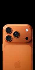 iPhone 17 Pro in cosmic orange finish, back exterior showcasing Pro Fusion camera system, LiDAR flash, and microphone.
