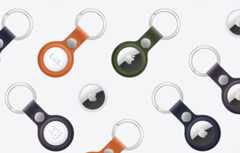 An array of AirTags and AirTags with FineWoven Key Ring in various colors including Orange, Dark Green, Deep Blue, Blackberry, and Black