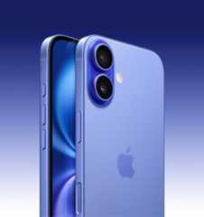 iPhone 16 in Ultramarine finish, partial-screen display and side angle shows - Action, volume and side button. Back exterior shows advanced dual-camera system in top left corner.