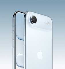 iPhone Air in Sky Blue finish, partial-screen display and side angle shows - Action button, volume button and side button. Back exterior shows Fusion camera system in top left corner.