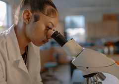 Curry College student looking through a microscope in the lab