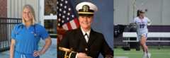 3 way image of Ellie Hardman in scrubs, her Navy uniform, and competing on the lacrosse field