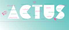 Visuel indiquant "Actus" en lettres blanches. D'autres mots  présentent les différentes thématiques actualités de la ville : santé, économie. Une flèche et un mégaphone apparaissent comme pictos