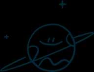 A line drawing of a cartoon planet with a smiley face, surrounded by a couple of stars and a ring.