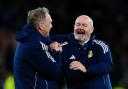 Manager Steve Clarke clearly enjoying his team's triumph against Denmark.