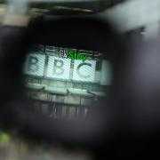 The signage outside Broadcasting House, London,  seen through the viewfinder of a broadcast camera.
