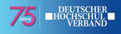 Logo des Deutschen Hochschulverbands auf blauem Hintergrund mit dem Zusatz "75 Jahre DHV"