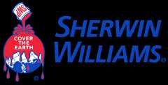 A red paint can pouring red paint over a white globe with blue continents next to blue Sherwin Williams text.