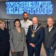 (L-R) Artists Jamie Holman and Alex Zawadski, Blackburn Youth Zone chief executive Leon Crosby, Mayor Brian Taylor, and chair Wayne Wild