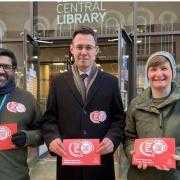 Cllr Damian Talbot (centre) with Ebrahim Sidat, Blackburn Library Assistant and Naomi Jackson, Public Health Development Manager.