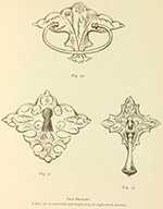 Examples of two brass handles and one keyhole cover. Incudes text.